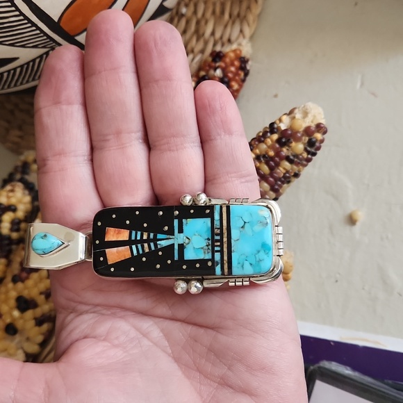 Amazing Handmade Native American Navajo Inlaid Pendant by Ray Jack 💙🖤🩵 - Picture 10 of 16